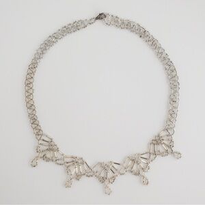 Vintage Handmade Clear Glass Beaded Statement Necklace Sterling Silver Clasp